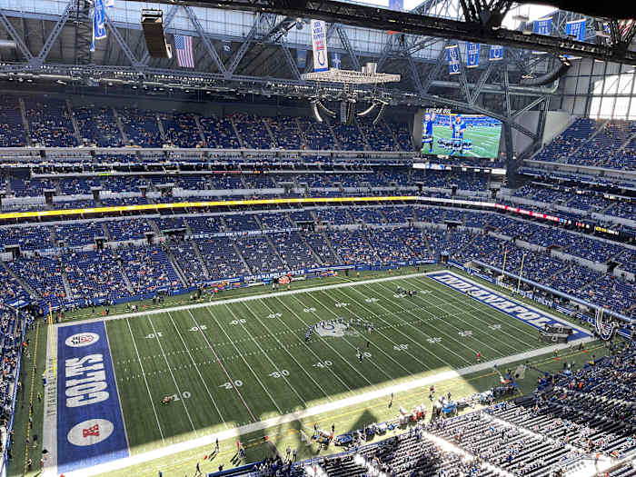 The Cleveland Browns prepare to play the Indianapolis Colts at Lucas Oil Stadium on October 22, 2023.